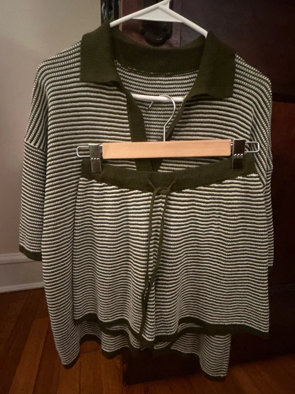 Striped Knit Lounge Matching Set - Beach Knitted Set in Green and Cream size S/M